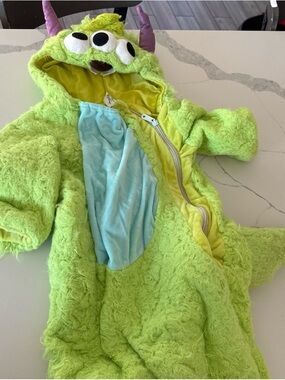 Disney Lime Green Monster Costume with Purple Horns and Light Blue Belly